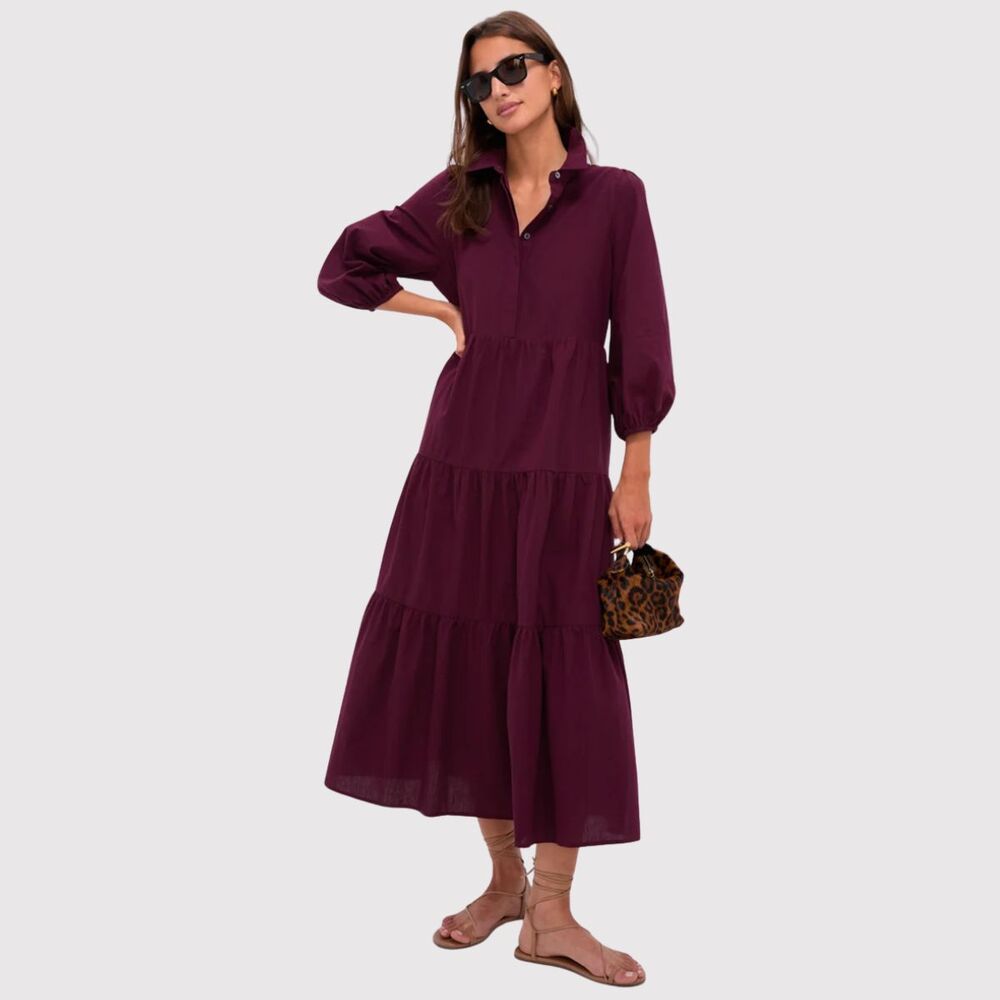 Pomander Place Maxi Dress Winetasting Mabel Tiered Puff Sleeve Shirtdress Small